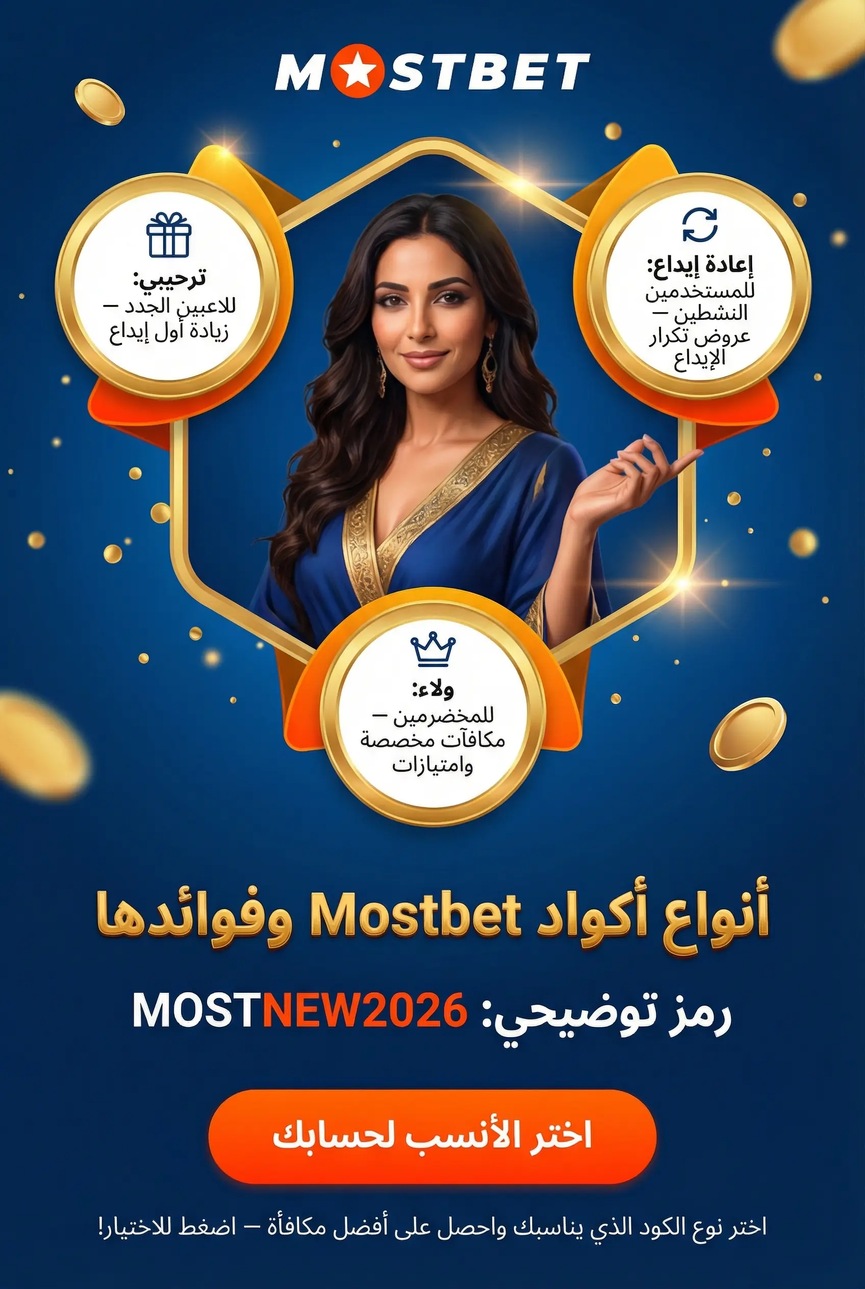 صورة عمودية عن أنواع وفوائد كود Mostbet الترويجي