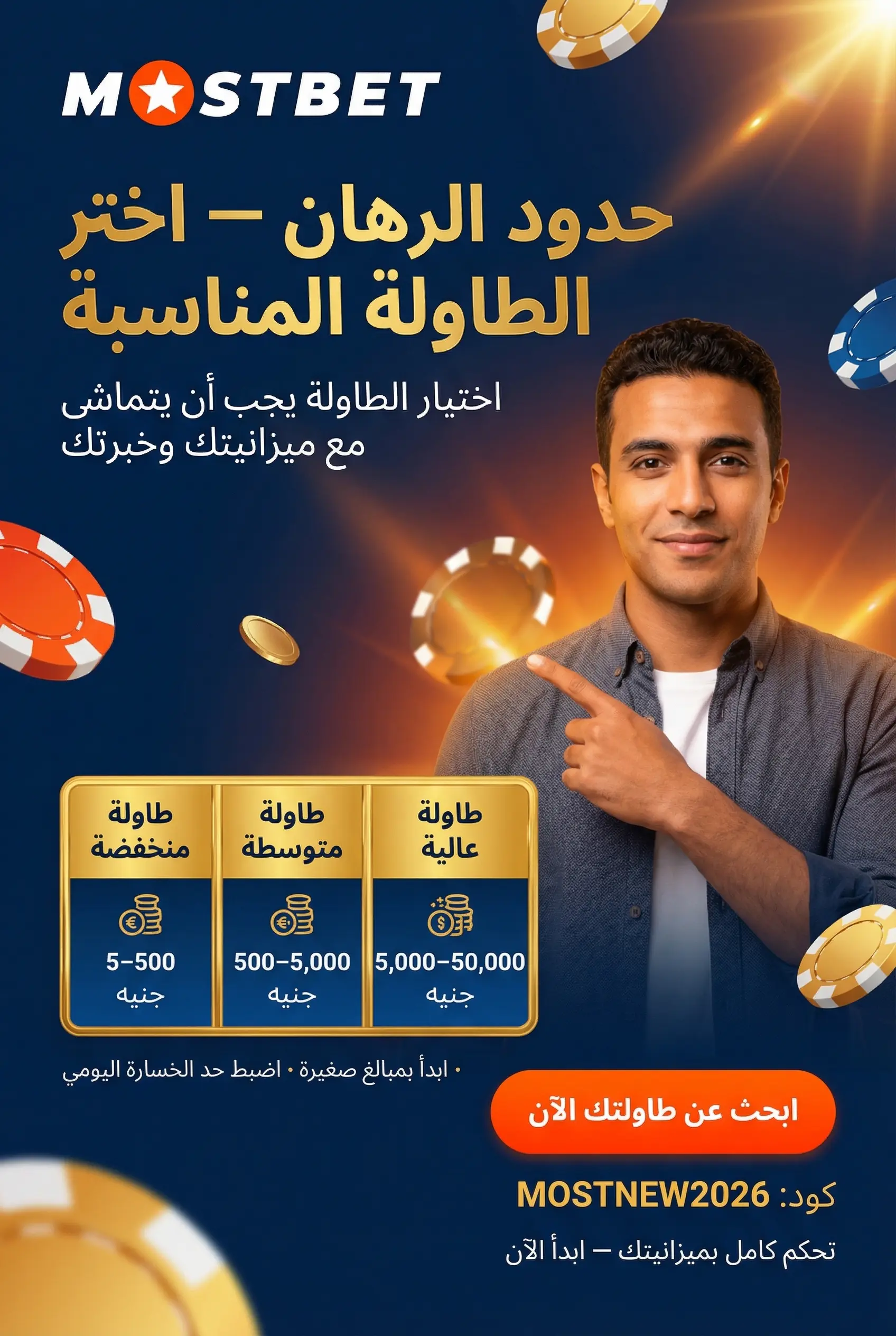 صورة عمودية لحدود الطاولات وكيفية اختيار الأنسب في Mostbet